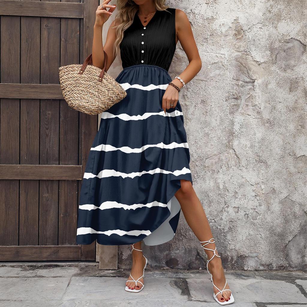 Dámské ležérní a módní šaty střední délky bez rukávů s potiskem a výstřihem do V