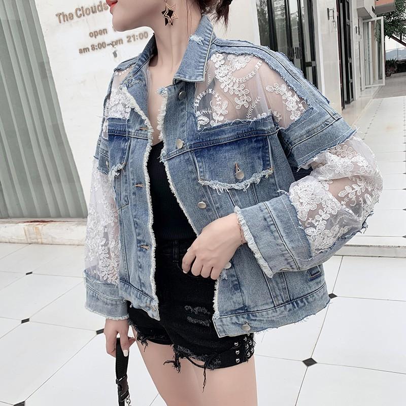 Womens Loose Fit Denim Jacket With Lace Trim Sheer Mesh Overlay Embroidery Detail Casual Chic Outerwear