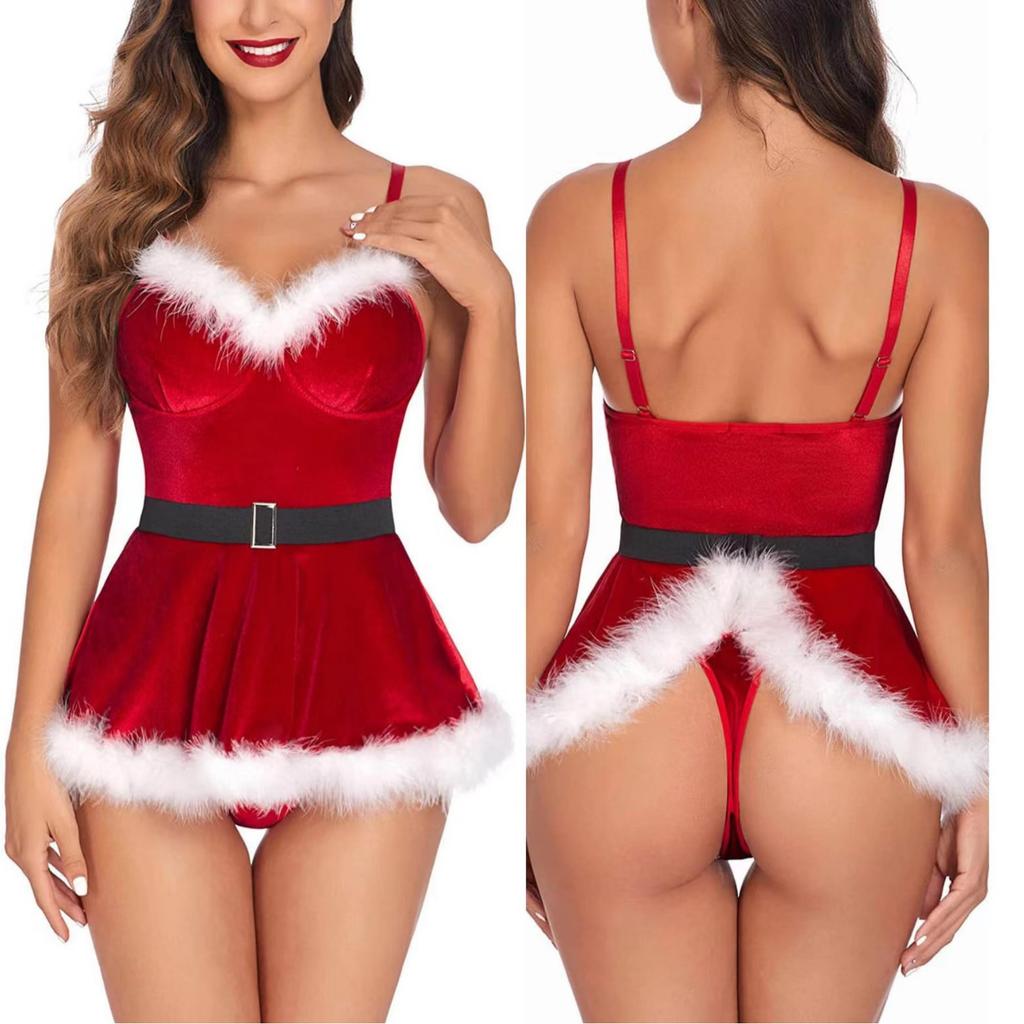 Women's V Neck Sleeveless Bodysuit Bodycon Fit Velvet Santa Costume White Fur Trim Christmas Lingerie Teddy