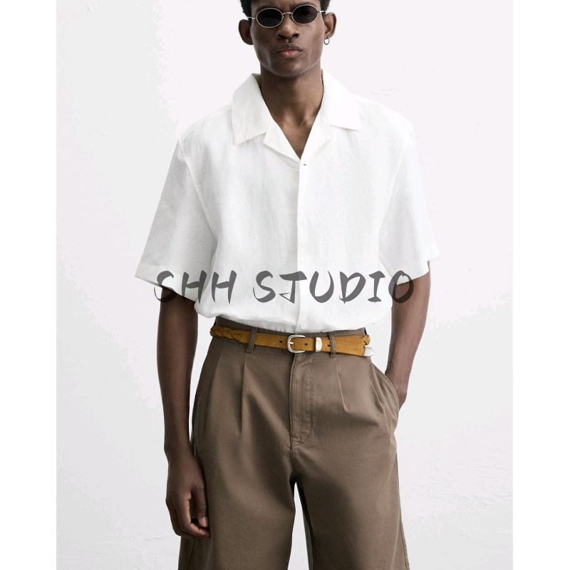 Summer New Men's Wear Lapel Short Sleeve Casual Simple and Comfortable Linen Blended Shirt Tops 3090123