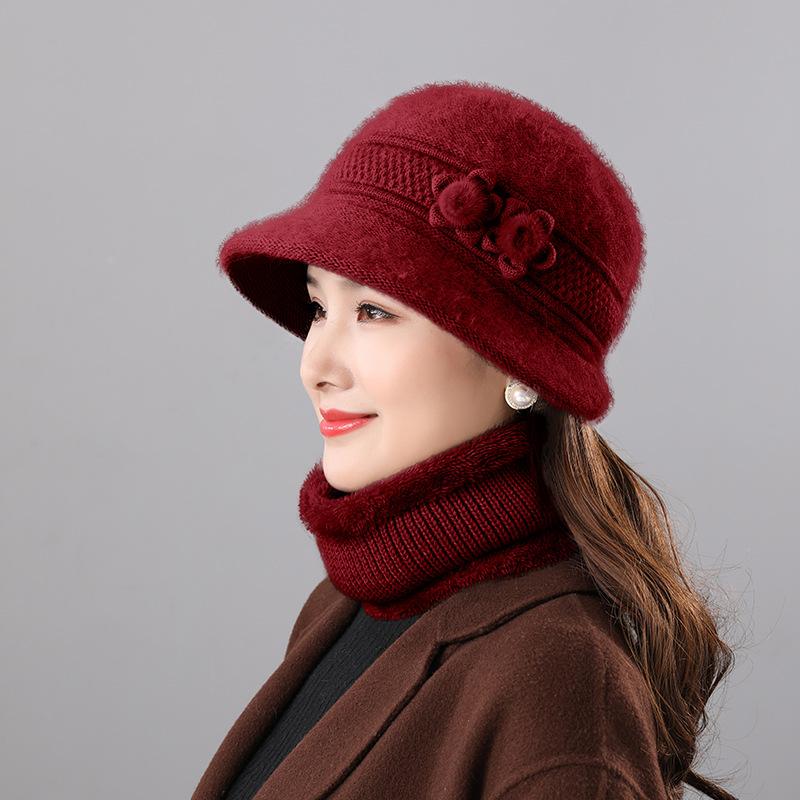 Mom hat autumn and winter velvet warm women's scarf two-piece set knitted thread hat fashionable versatile wool basin hat