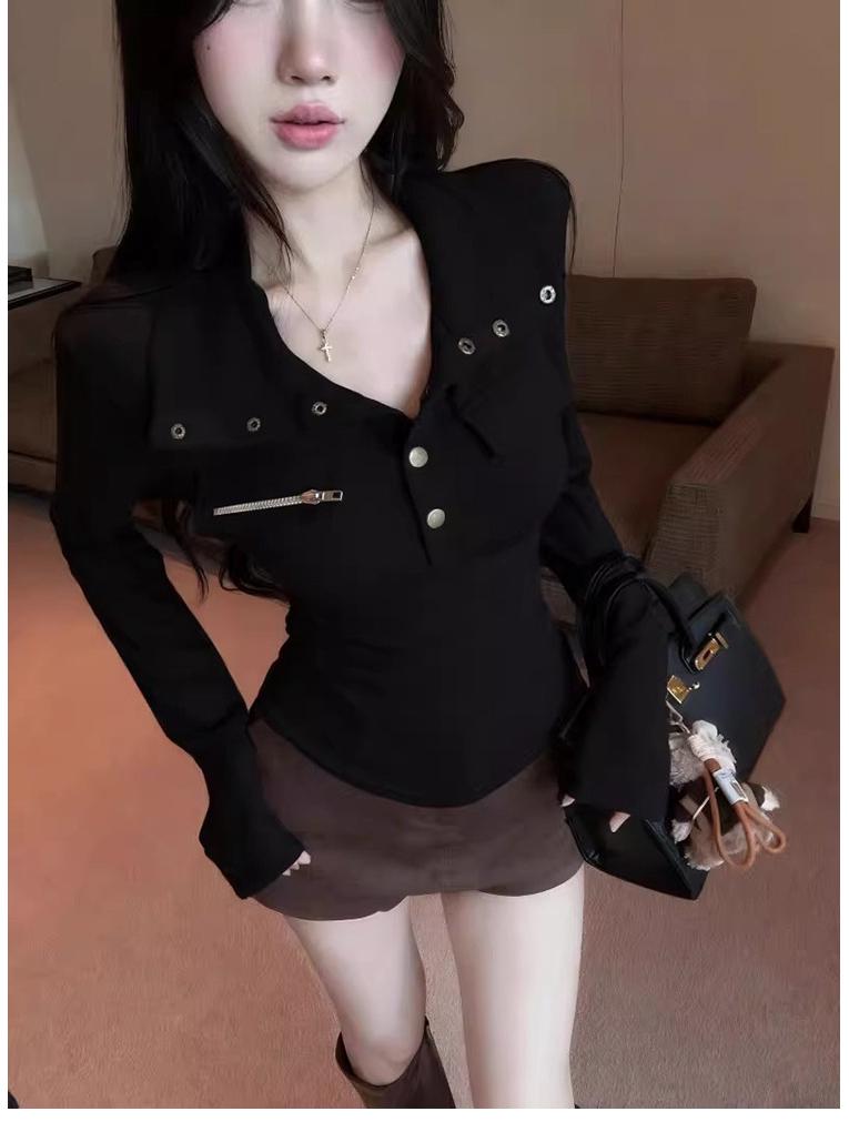 Women's Spicy Girl Style Stand-Collar Slimming Slim-Fit Long-Sleeve T-Shirt, Autumn/Winter, Stylish Waist-Cinching Base Layer