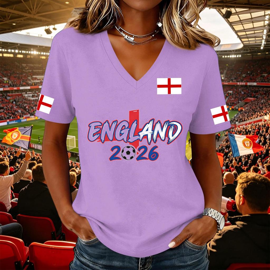 Damen Lässiger Pullover mit V-Ausschnitt und kurzen Ärmeln Fußball-Fan-T-Shirt mit England-Flaggen-Aufdruck Leicht Bequem