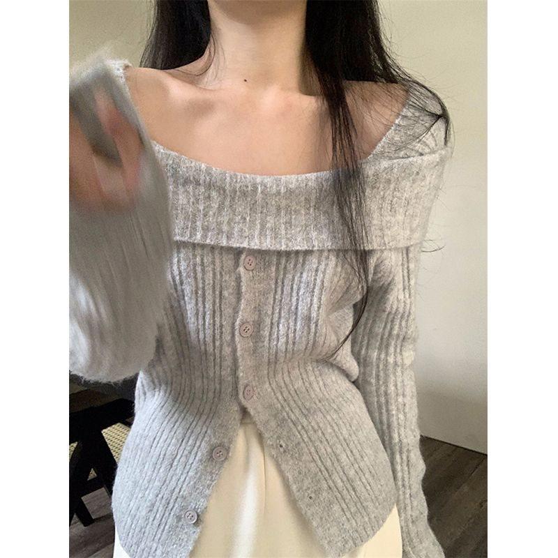 Pure & Sexy Off-Shoulder Knit Sweater for Women - Autumn/Winter Long-Sleeve Cardigan