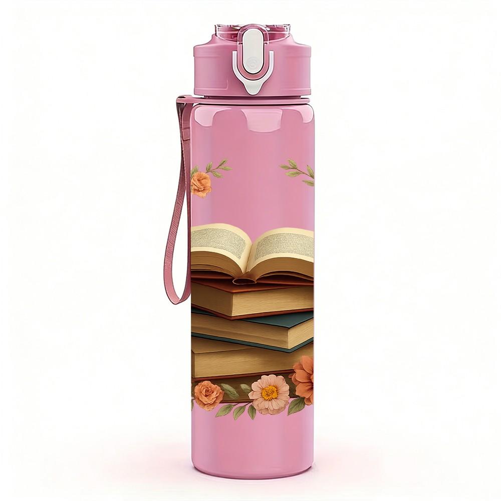 1PC Book Wreath Floral Frame Layout 750ml Color Plastic Sports Water Bottle Leakproof Flip Straw Lid For Sports Office Home Use