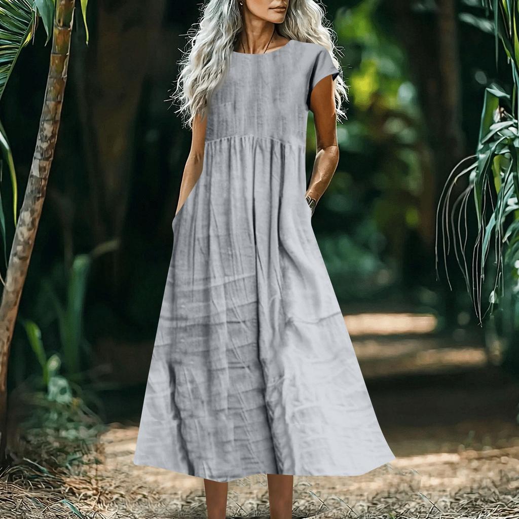 Women's Fashionable Solid-color Cotton And Linen Sleeveless Loose Pocket Dress