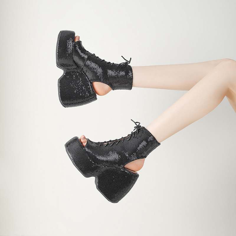 Krazing Pot Sequin Cloth Spring Summer Size 43 Size 42 Women Platform Women Peep Toe Toe Sexy Summer Boots Lace Up Pumps