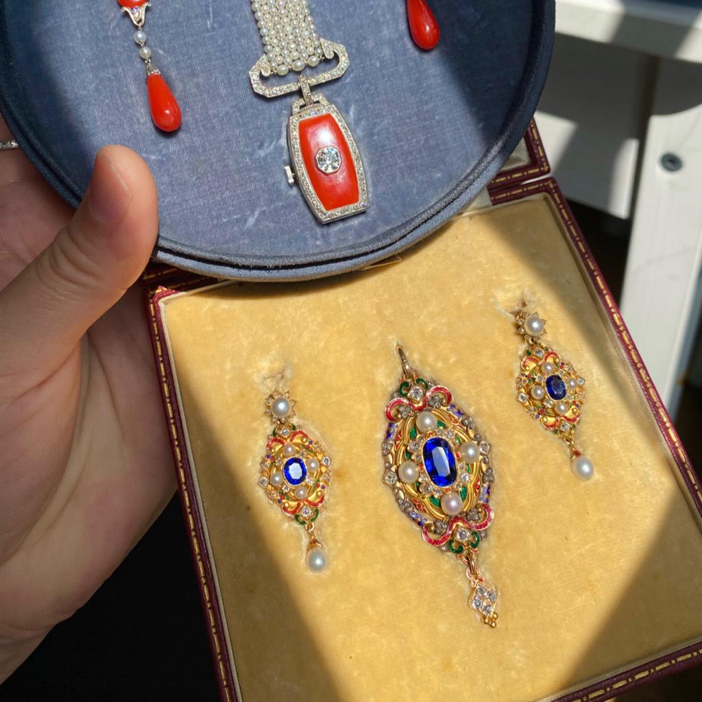 Art Jewelry Style Pearl Pendant Long Earrings Sapphire Enamel Antique Suit Women