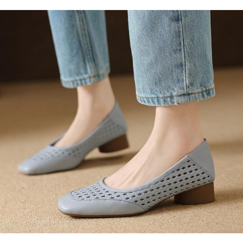 Fashion Design Temperament Hollow High Heel Shoes Women's Summer Leather Square Head Shallow Mouth Shoes Women Zapatos Mujer