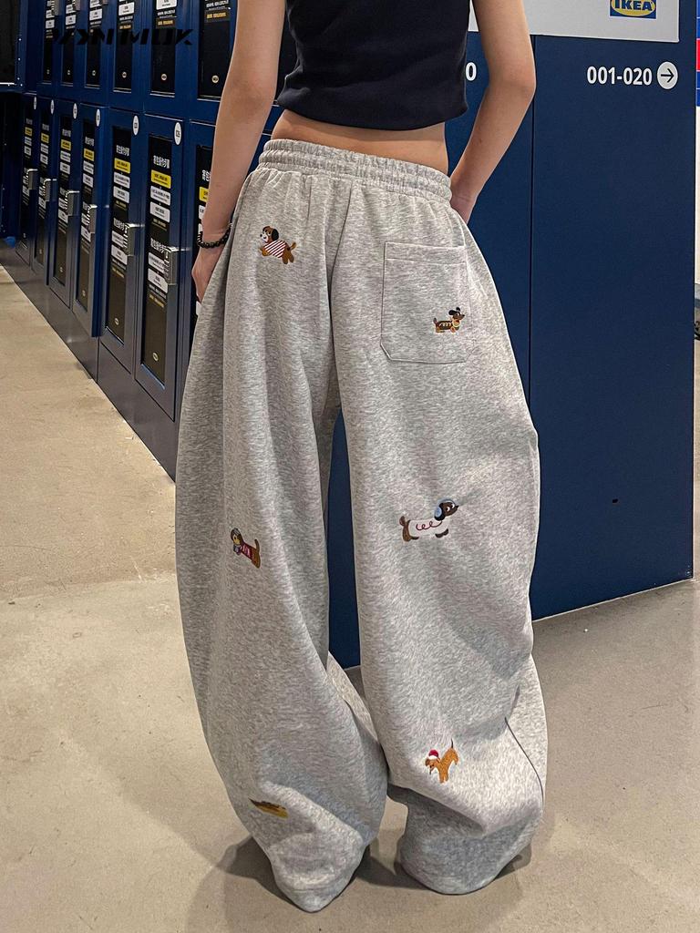 Women's Trendy Sausage Dog Embroidered Wide Leg Sweatpants