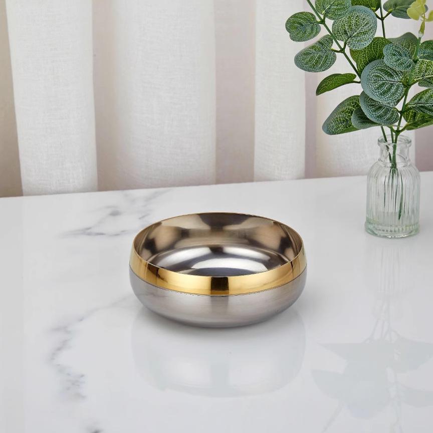 Gold Rimmed 304 Stainless Steel Bowl, Plate & Cup Set with Whiskey Glasses - Hotel Bar Essentials