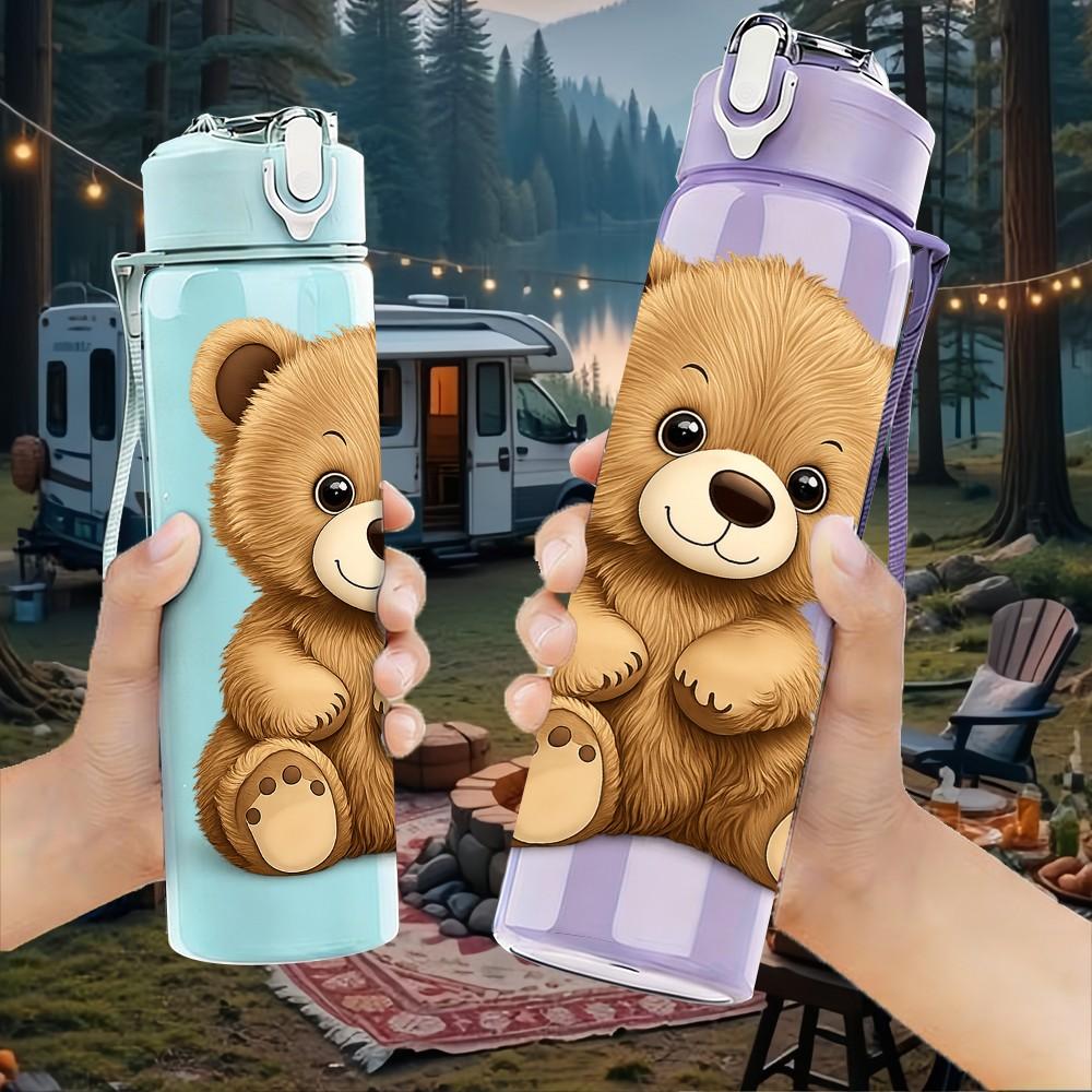 1PC Classic Brown Teddy Bear Print 750ml Color Plastic Sports Water Bottle Leakproof Flip Straw Lid Suitable for Sports Office Home Use