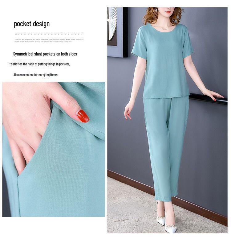 Summer Cotton Silk Women's Loose Two-Piece Set: Solid Color Short Sleeve Top and Long Pants, Plus Size Casual Wear.