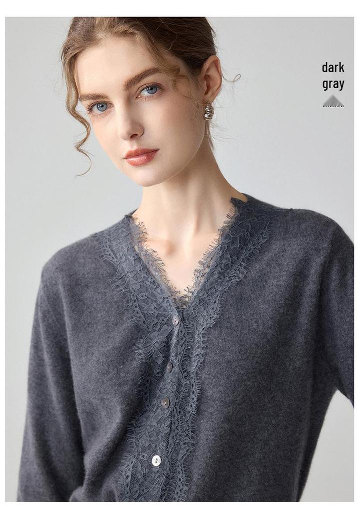 Lekasha Women's Cashmere Lace-Trim V-Neck Cardigan Sweater