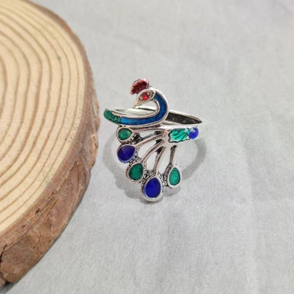 Exaggerated Women Finger Rings Peacock Enamel Retro Ring Fashion Open Rings  Girls