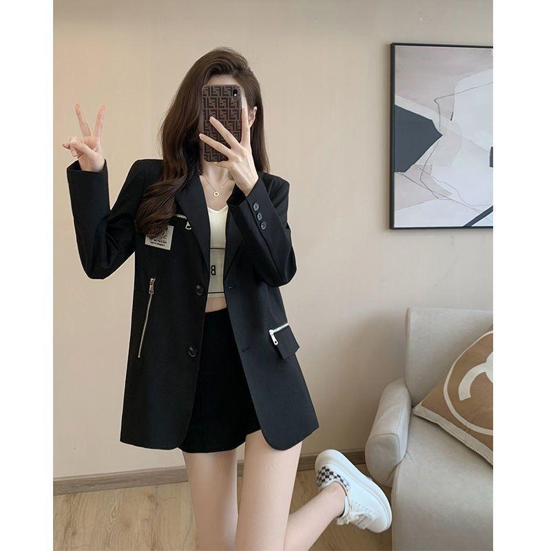Fashion Black Versatile Loose Style Blazer with Zipper Pocket for Women