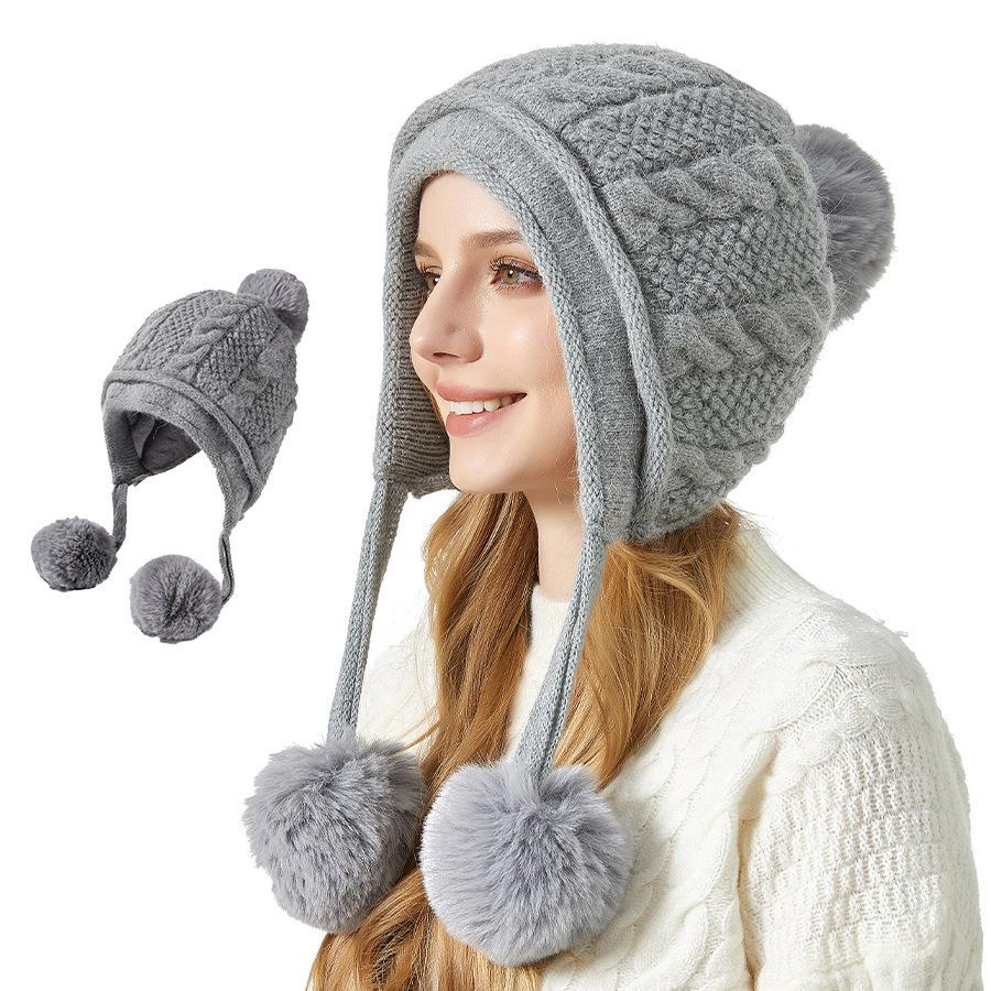 Women's Winter Thick Ear Protecting Three Hair Ball Rabbit Hair Knitted Hat Outdoor Riding Warm Hat