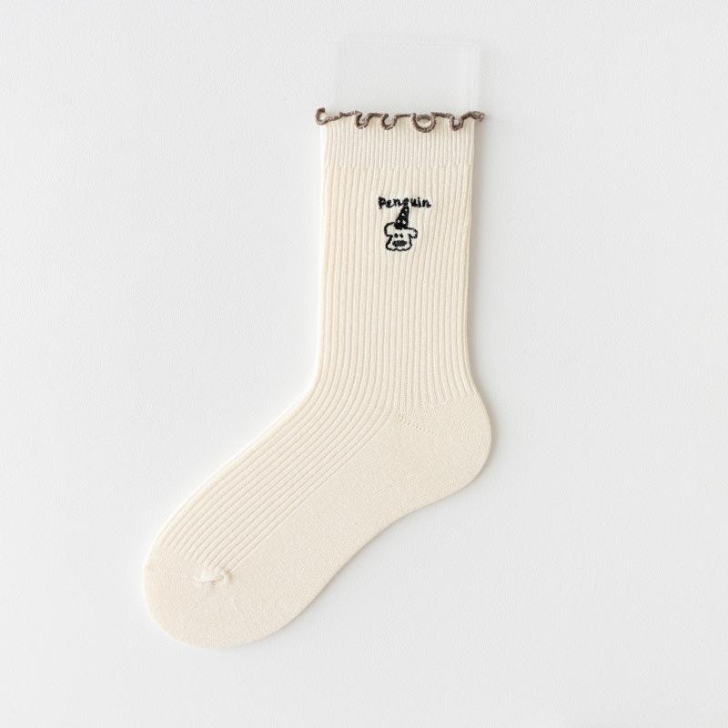 

Носки с мультяшной вышивкой для женщин, весна и осень, тонкие и универсальные носки до середины икры, милые махровые носки с черной отделкой ушей 1 pair молочный белый