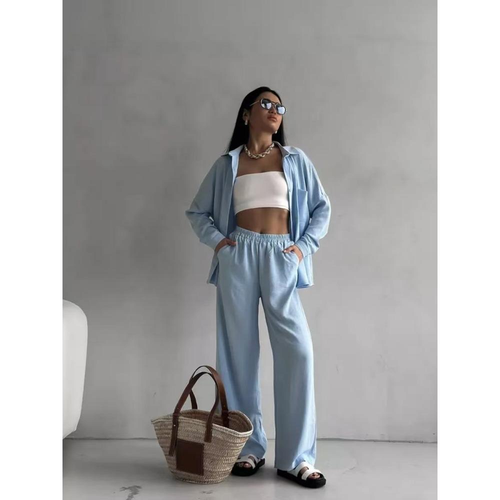 Women's Lapel Pocket Long Sleeve Button Down Shirt And Elastic Waist Wide Leg Pants Two Piece Casual Tracksuit