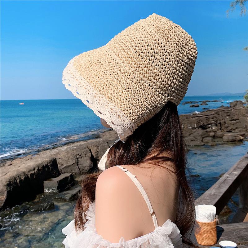 Internet Celebrity Straw Hat Female Summer Lace Strap Beach Hat Small Fresh Seaside Vacation Sun Visor Hat Strap