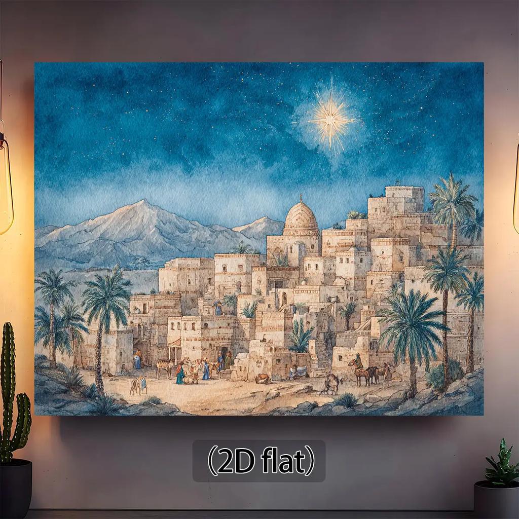 2D flat, 1pc Bible Village and starry sky scene - 2D flat polyester photo background for Christmas and Halloween decorations