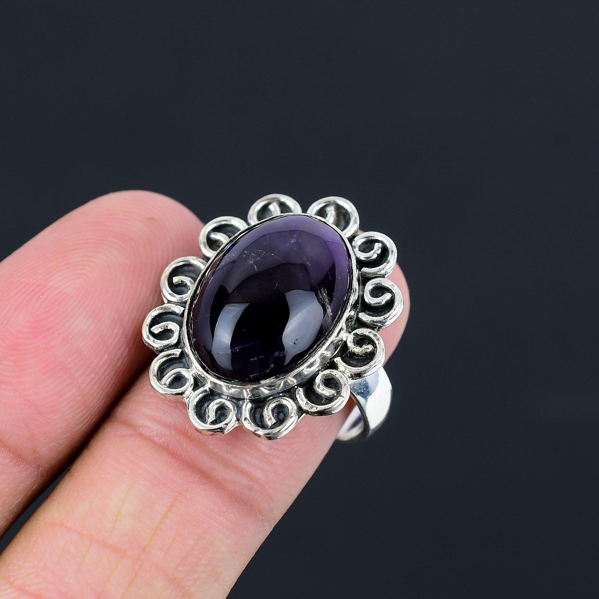 Natural Star Amethyst Gemstone Statement Ring Size 8.5 925 Sterling Silver 8.5