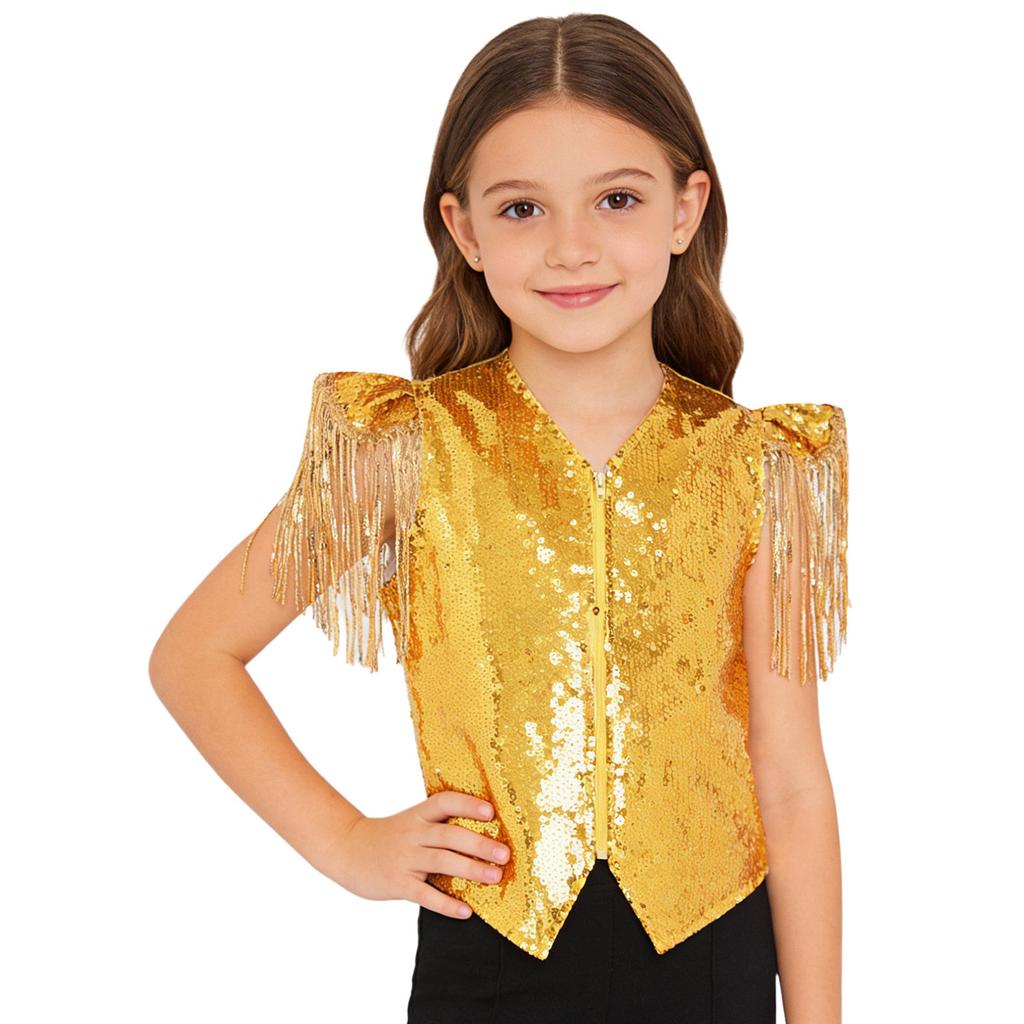 Boys Sequined Patchwork Vest Tassels Cap Sleeves V Neckline Stage Performance Waistcoat