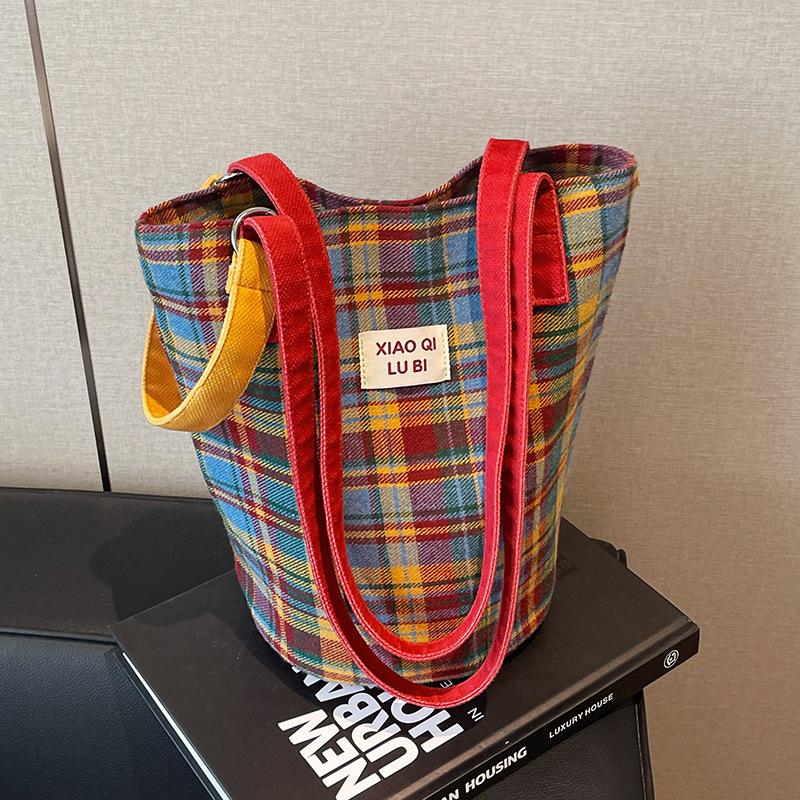 Vintage College-Stil kontrastfarbige karierte Tragetasche Klasse Pendeln vielseitig einzelne Schulter leicht Damen Tasche