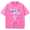Street Women Washed T-Shirts Free As Bird Skeleton Man Printed Tee Shirts Comfortable Cotton Oversize Tees Summer Clothes