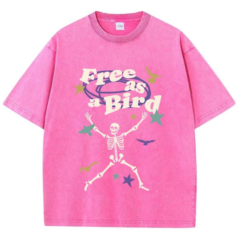 Street Women Washed T-Shirts Free As Bird Skeleton Man Printed Tee Shirts Comfortable Cotton Oversize Tees Summer Clothes
