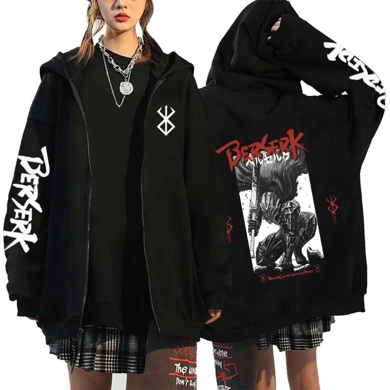 Anime Furious Guts Manga Pattern Print Zipper Hooded Fall Winter Men Women Casual Long Sleeve Sweatshirt Streetwear