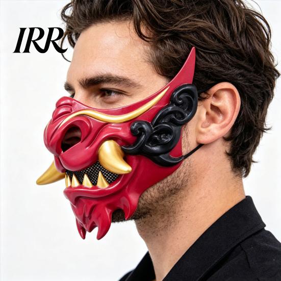 Stage Performance Halloween Props Japanese Hannya Red Half Mask, Wolf Teeth & Embossed Cloud Details, Breathable Lightweight Detailed Relief