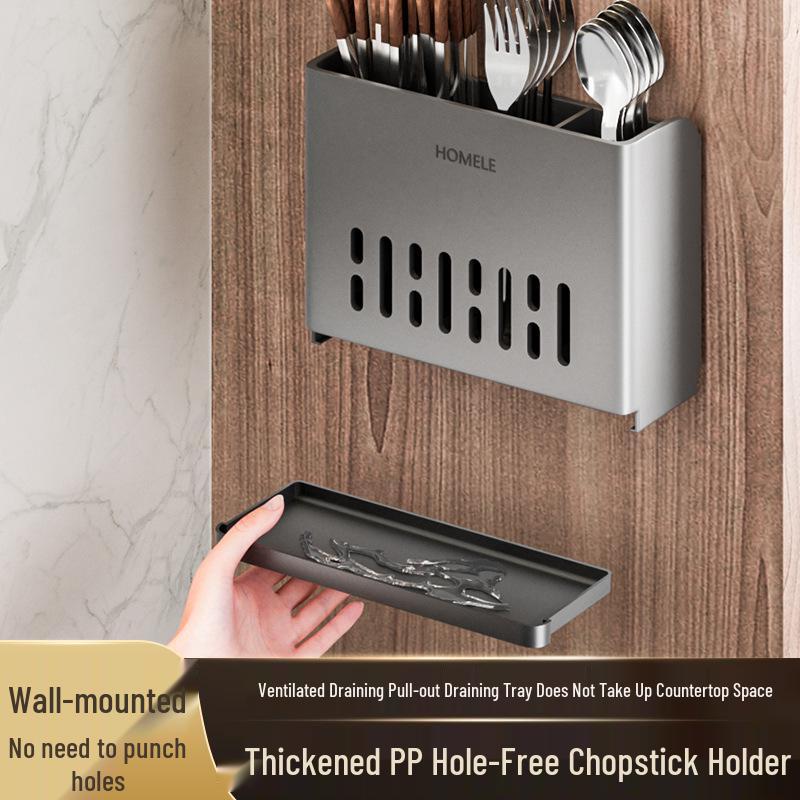 Wall-Mounted No-Drill Chopstick Holder with Multi-Compartments and Drainage, Large Capacity Cutlery Storage Box