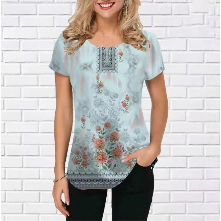 Summer Round Neck 3D Retro Floral pattern Print Top Fashionable Casual Short Sleeved Women's T-shirts