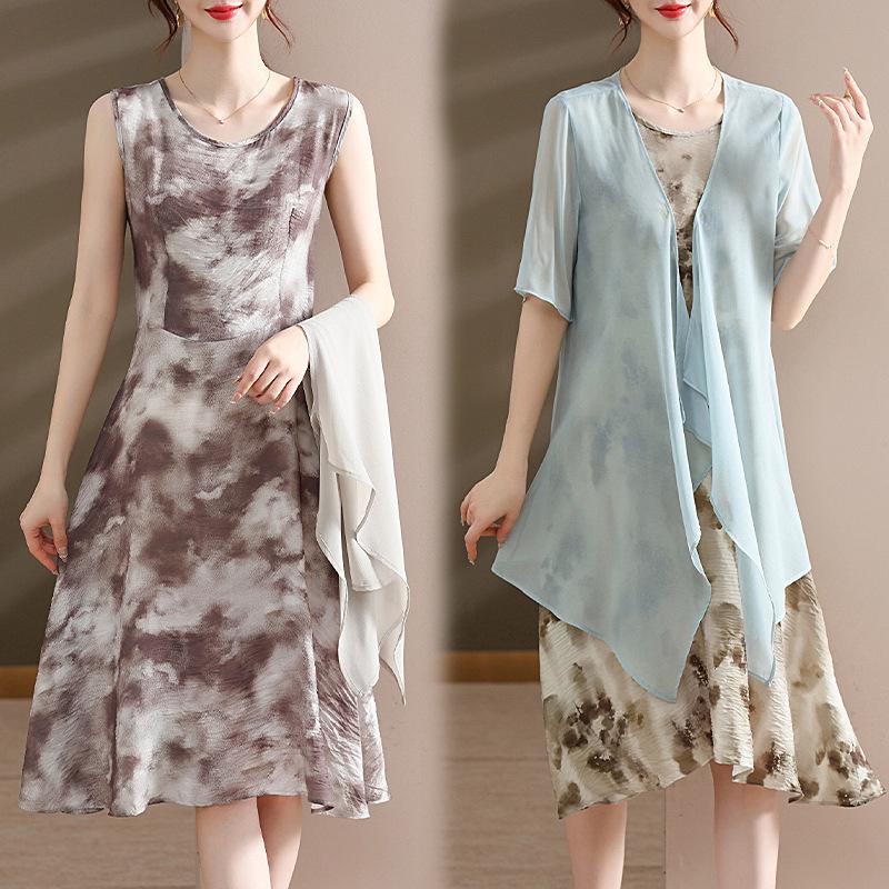 Elegant Chiffon Summer Dress Set for Mature and Elderly Women - Stylish Two-Piece Skirt Ensemble