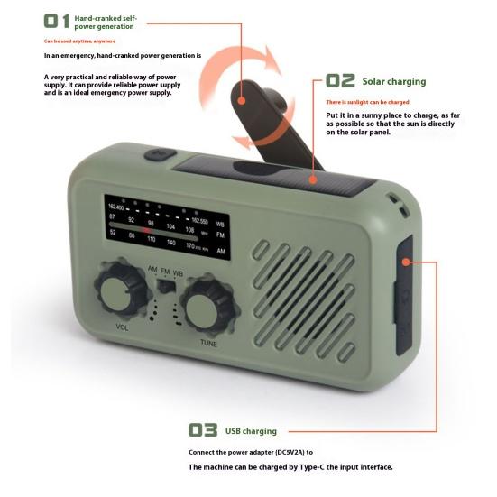 רדיו חירום עם פנס רב-תכליתי קומפקטי נייד אזעקת SOS פס AM/FM רדיו נטען באמצעות ידית סיבובית
