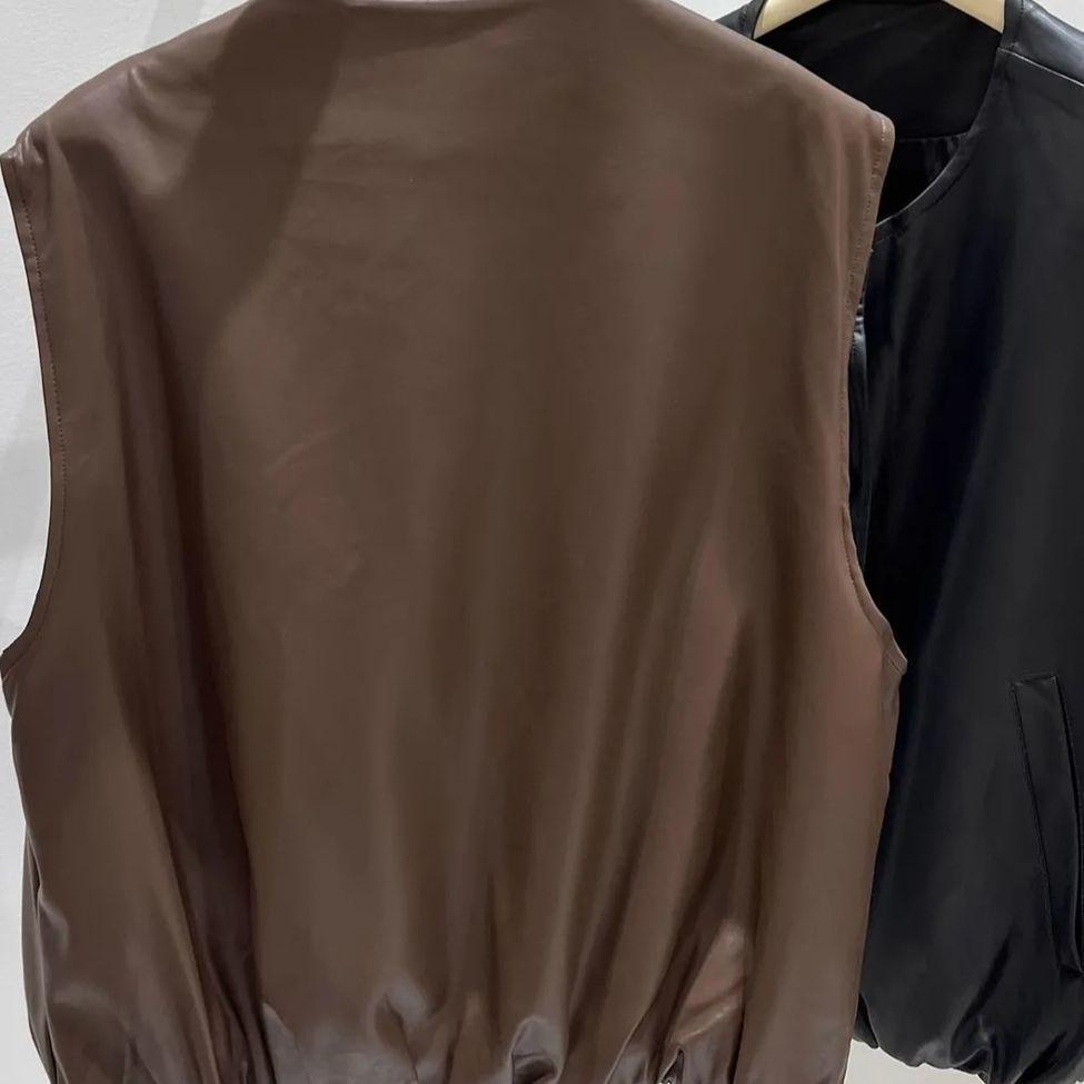 Women's Korean Style PU Leather Sleeveless Vest with Shoulder Pads - Autumn 2025 Fashion