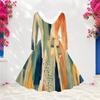 Women Plus Size V Neck Furry Trim Long Sleeve Printed Dark Blue Tie Waist A Line Midi Dress