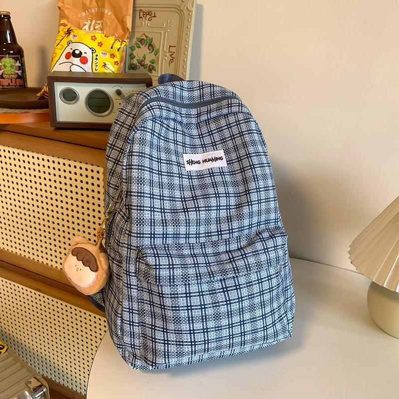 Checkered Letter Pattern Student Casual Backpack With Plush Pendant For Casual Travel