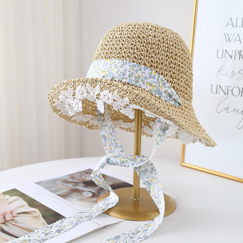 

Женская летняя шляпа из плетеной соломы на шнуровке с цветочным узором для отдыха на море, ажурная солнцезащитная шляпа от солнца adjustable светло-синий