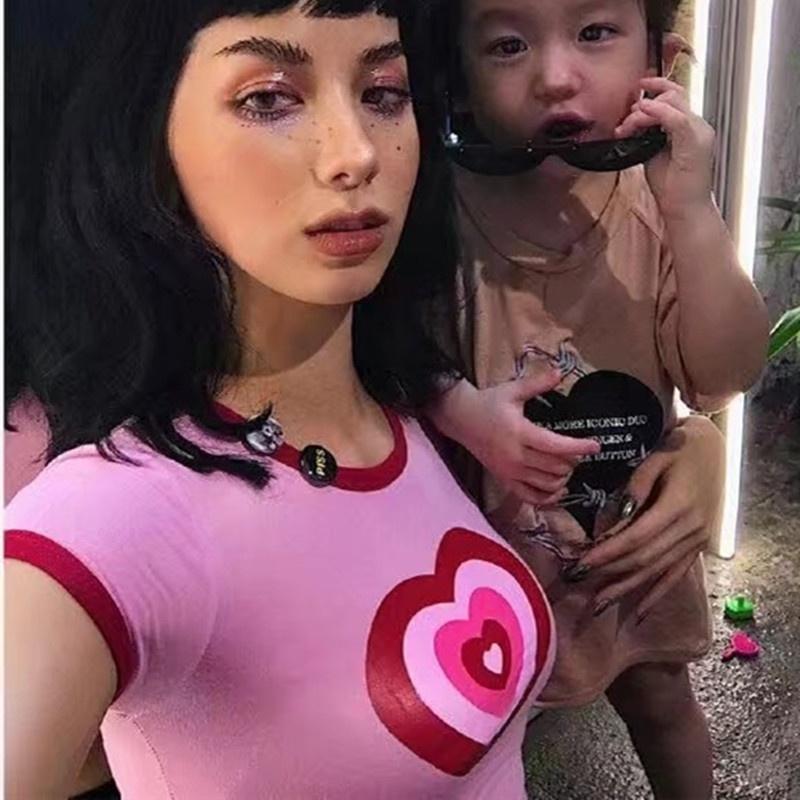 Pink Sweet Heart Cotton T Shirt Women Tops Tees Print T-shirt Summer Crop Short Sleeve Clothes