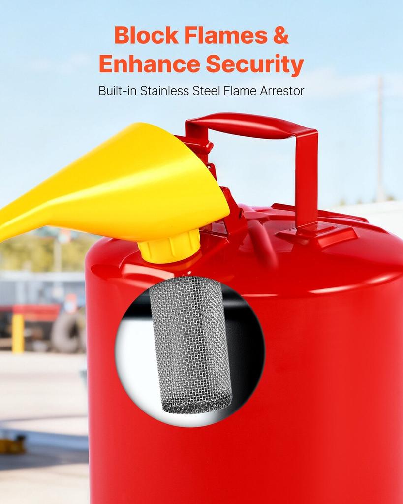 Safety Gas Can, 19 L Type I Red Safety Can for Gasoline with Stainless Steel Flame Arrester, Self-Closing Lid, and PE Funnel, Carbon Steel Flammable