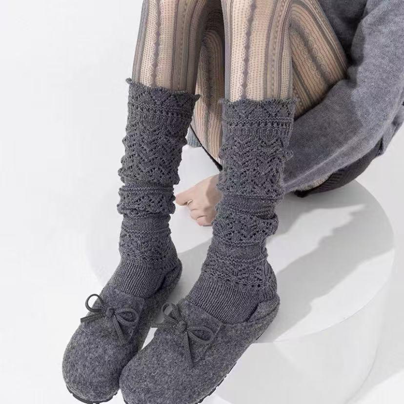 Grey Wool Ballet Style Calf Socks Over the Knee Openwork Retro Korean Scrunch for Women