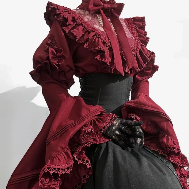 Vintage Blondeblonder Patchwork Langermet Lolita Skjorter Kvinner Høy Midje Medium Lengde Løse Skjørt Vår Høst