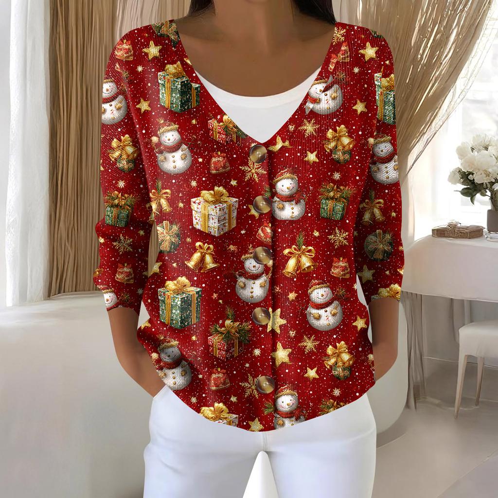 Women's Fashion Long Sleeve Christmas Snowman Snowflake Print Jacket Cardigan