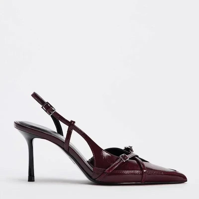 Fashion High Quality Burgundy Patent Leather High Heels Women Elegant Pointed Toe Thin High Heeled Sandals Fashion Banquet Evening Shoes