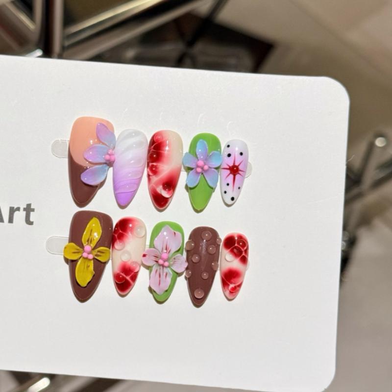 10Pcs Multicolor 3D Press on Nails - Flower & Water Drop Almond Fake Nails XS
