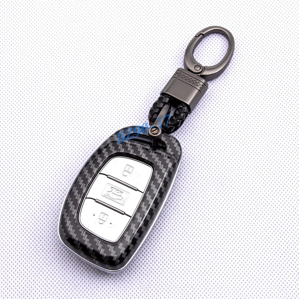 Carbon Fiber Smart Key Fob Cover Case Chain Ring For Hyundai Tucson Elantra Ioniq Sonata Accessories