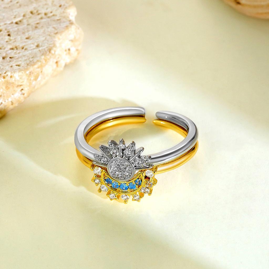 New Adjustable Stackable Sparkling Moon Sun Star Ring for Women Girls Couple Elegant Jewelry Set Wedding Party Gifts