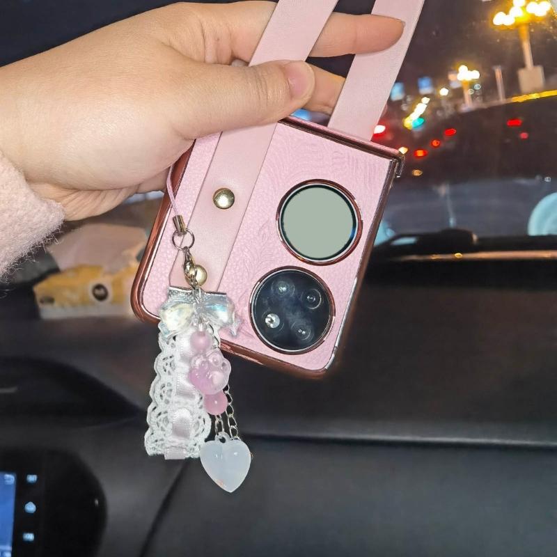 Dainty Lace Ribbon Keyring Cute Heart Pendant Keychain Colorful Beaded Phone Lanyard Multi-Functional Bags Accessories